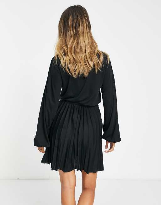 ASOS DESIGN long sleeve pleated mini dress with button detail in black