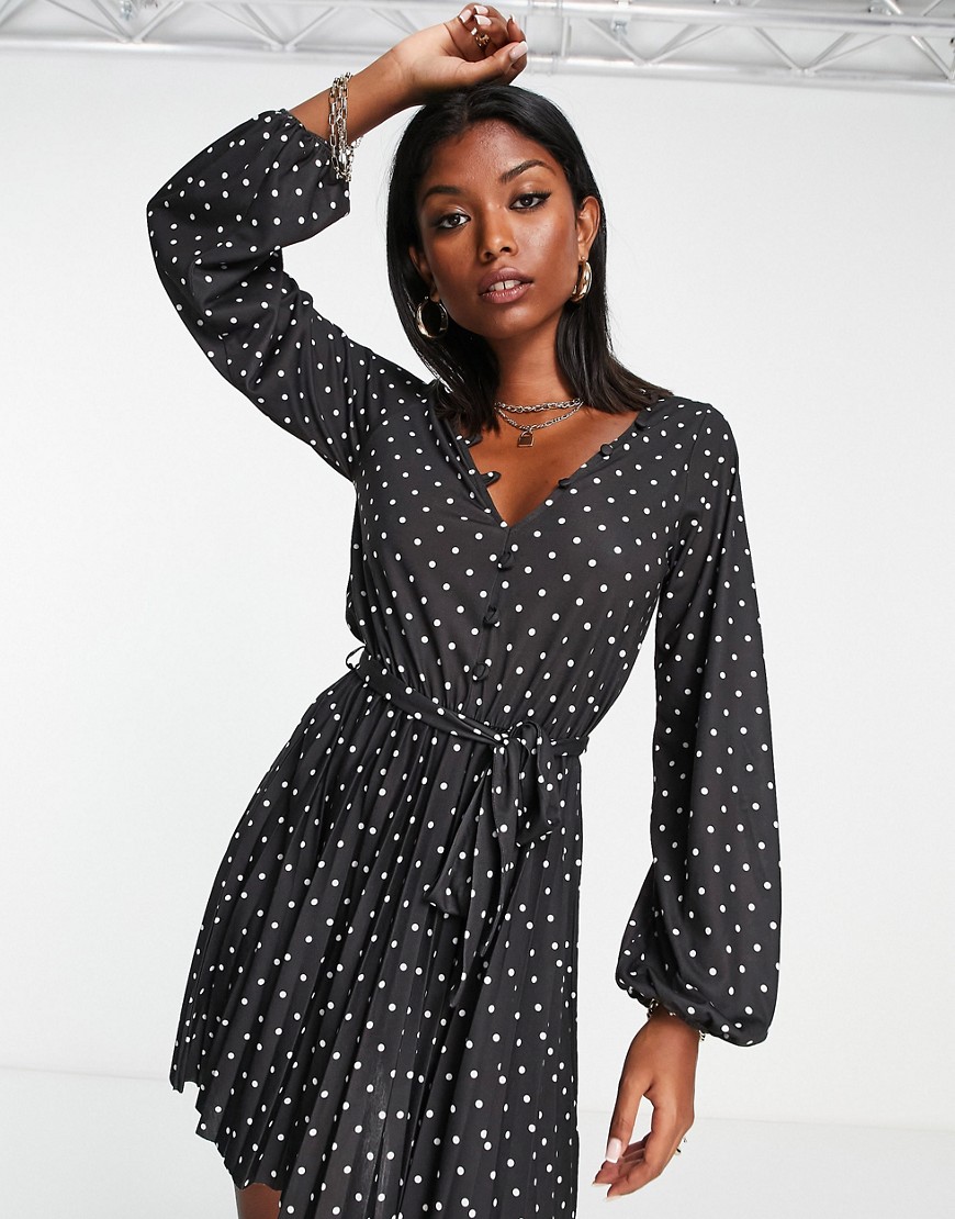 ASOS DESIGN long sleeve pleated mini dress with button detail in mono spot-Multi