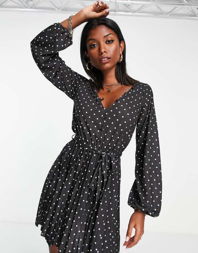 ASOS DESIGN long sleeve pleated mini dress with button detail in mono spot