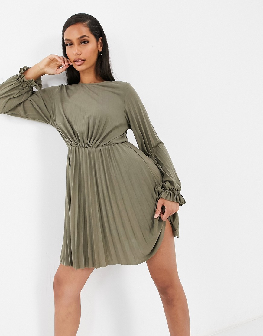 ASOS DESIGN long sleeve pleated mini dress with frill cuff in khaki-Green