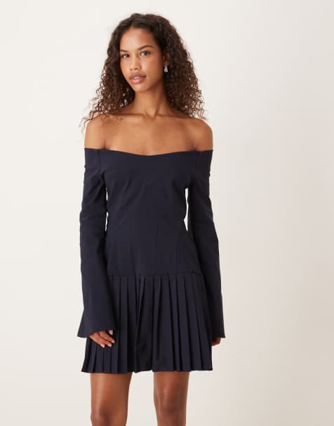 ASOS DESIGN long sleeve pleated skirt mini dress in deep navy - view 1