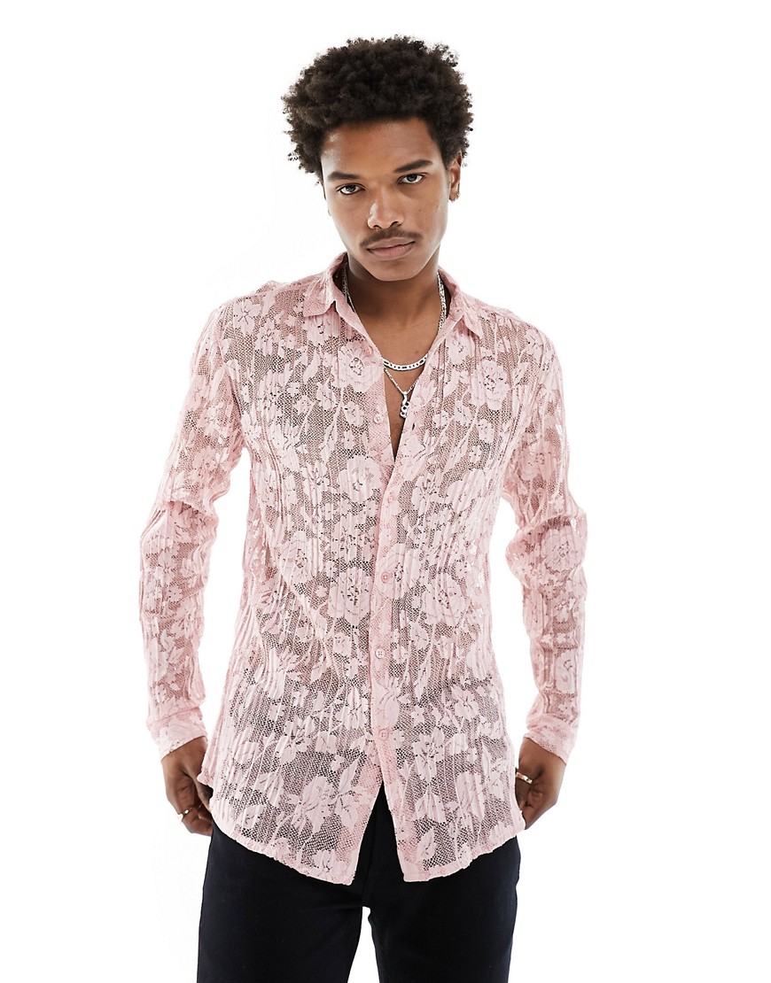 Asos Design Long Sleeve Plissé Lace Shirt In Light Pink