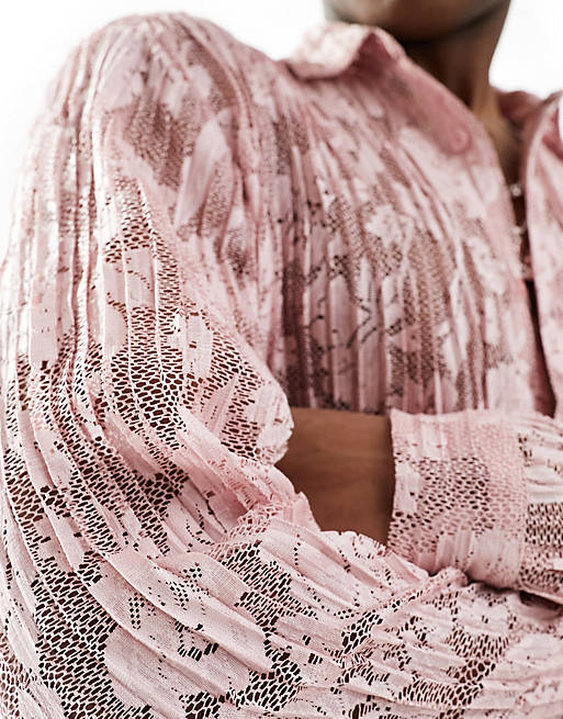 ASOS DESIGN long sleeve plissé lace shirt in light pink