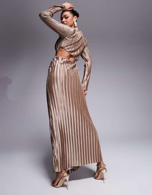 ASOS DESIGN long sleeve plisse maxi dress with tie waist detail in mocha