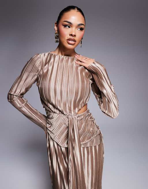 ASOS DESIGN long sleeve plisse maxi dress with tie waist detail in mocha