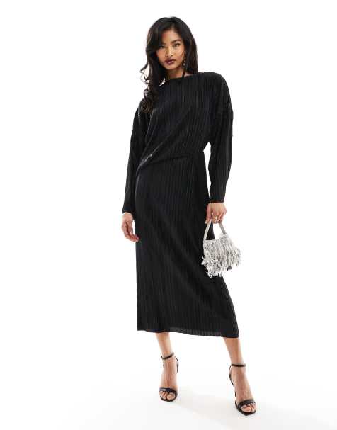 Black Lace High Neck Long Sleeve Draped Midi Dress