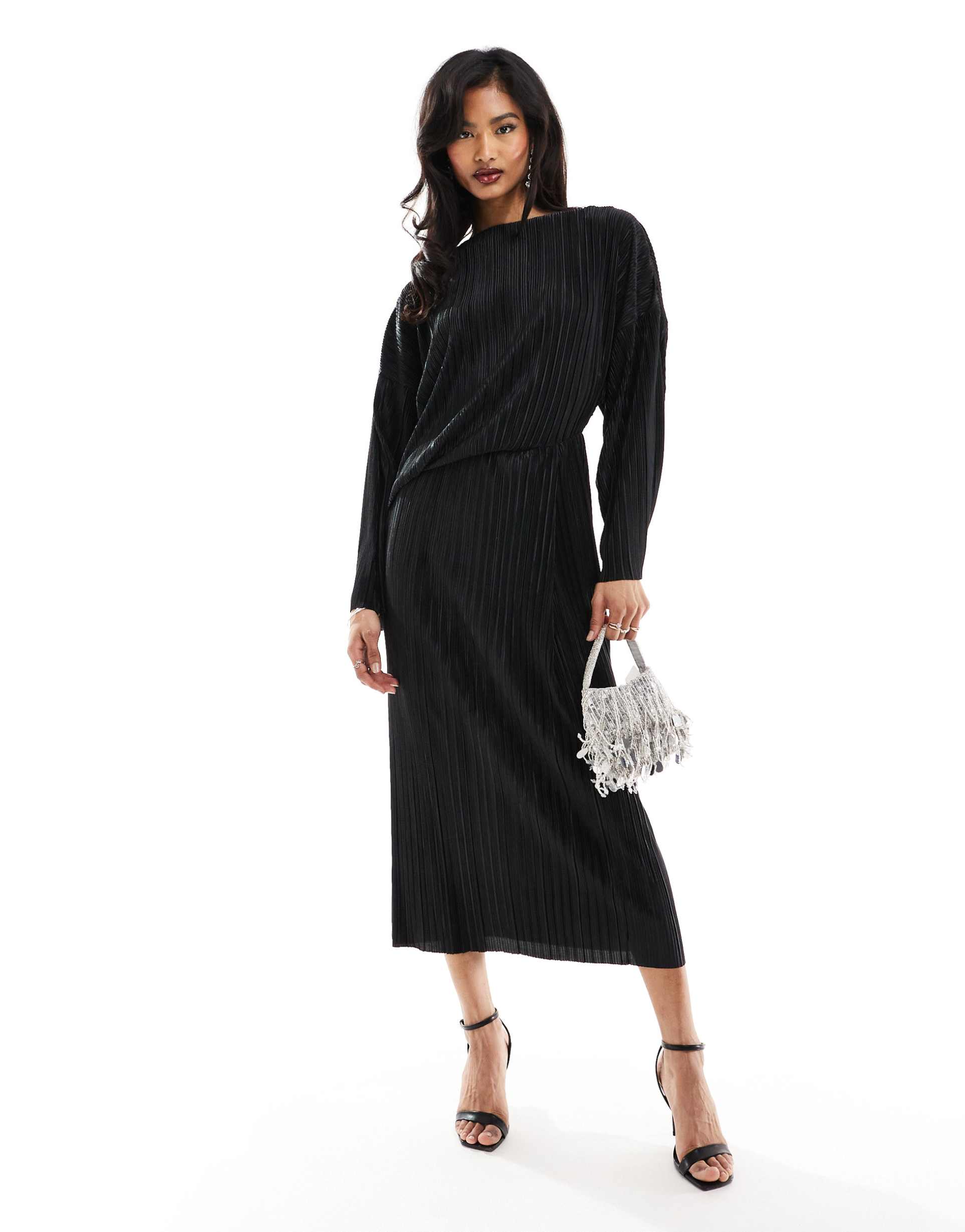 asos design long sleeve plisse midi dress in black