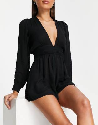 ASOS DESIGN long sleeve plunge beach playsuit in black - ASOS Price Checker