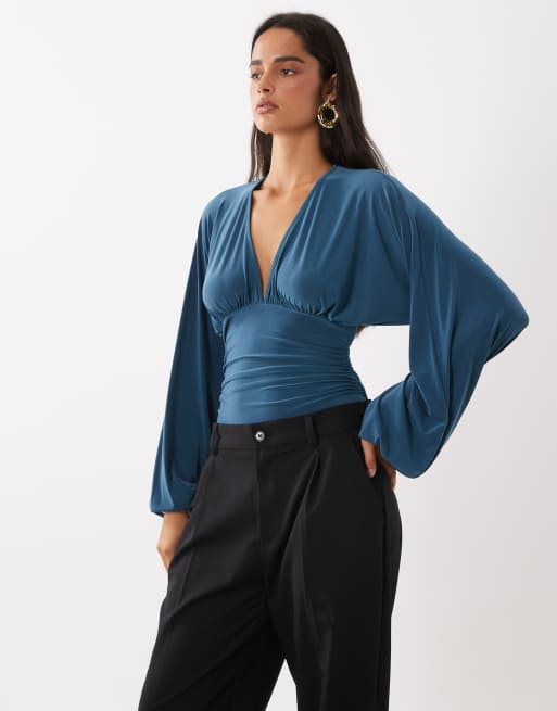 ASOS DESIGN long sleeve plunge front bodysuit in petrol, 2 of 4