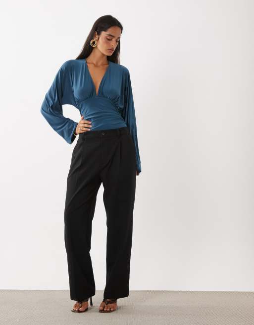 ASOS DESIGN long sleeve plunge front bodysuit in petrol, 3 of 4
