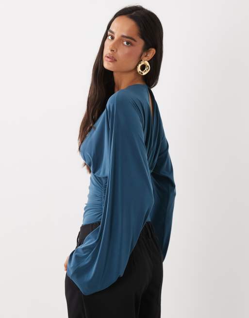 ASOS DESIGN long sleeve plunge front bodysuit in petrol, 4 of 4