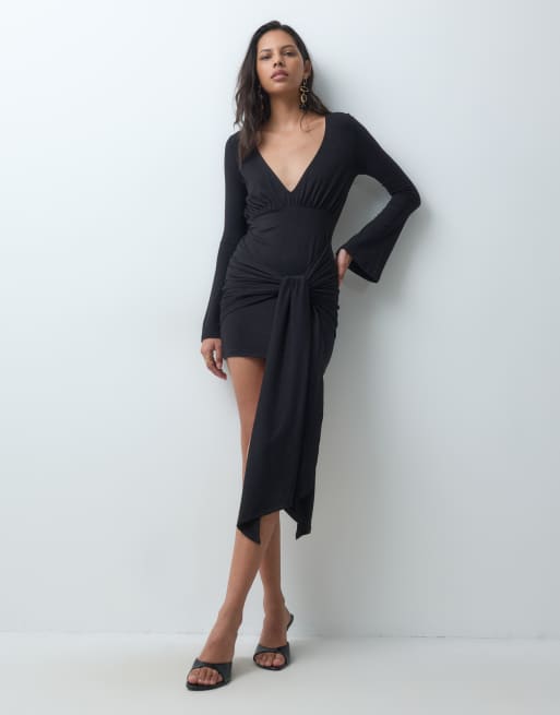 ASOS DESIGN long sleeve plunge neck backless mini dress with twist drape detail in black, 2 of 5