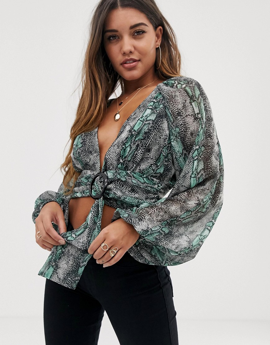 ASOS DESIGN long sleeve plunge top with buckle front and kimono sleeve in snake animal print-Multi