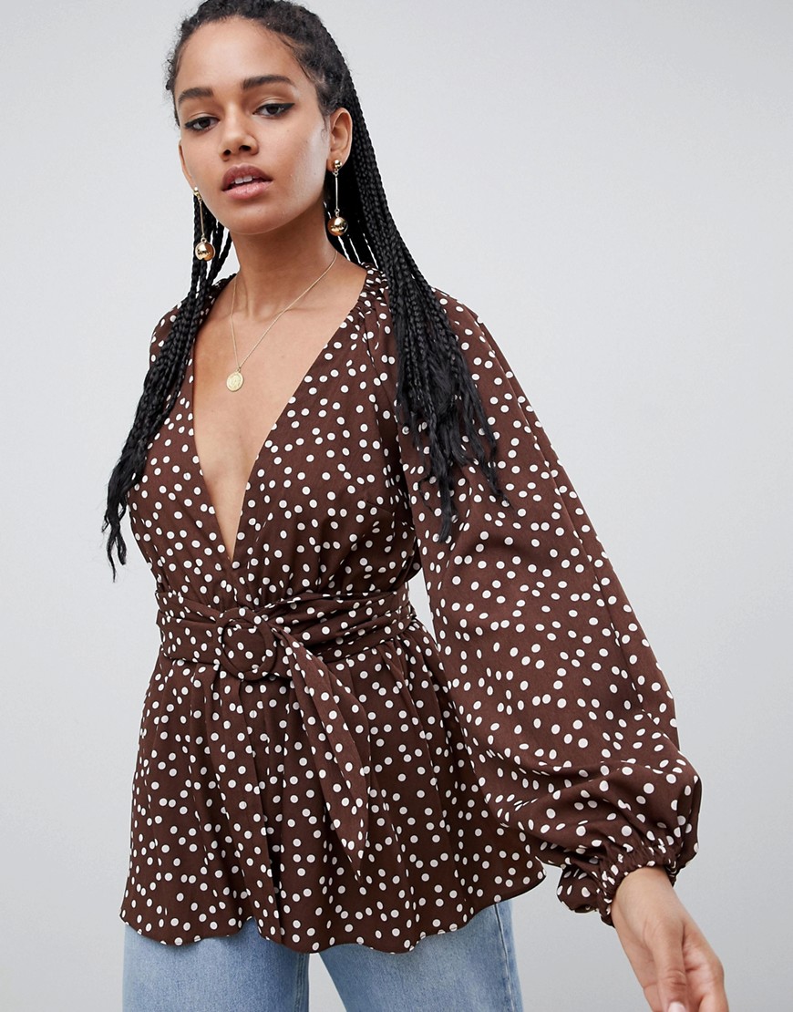 ASOS DESIGN long sleeve plunge top with kimono sleeve and belt in spot print-Multi