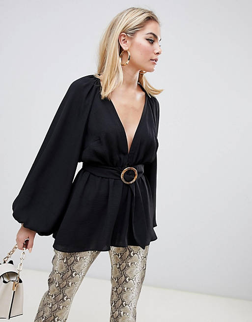 ASOS DESIGN long sleeve plunge top with kimono sleeve and belt