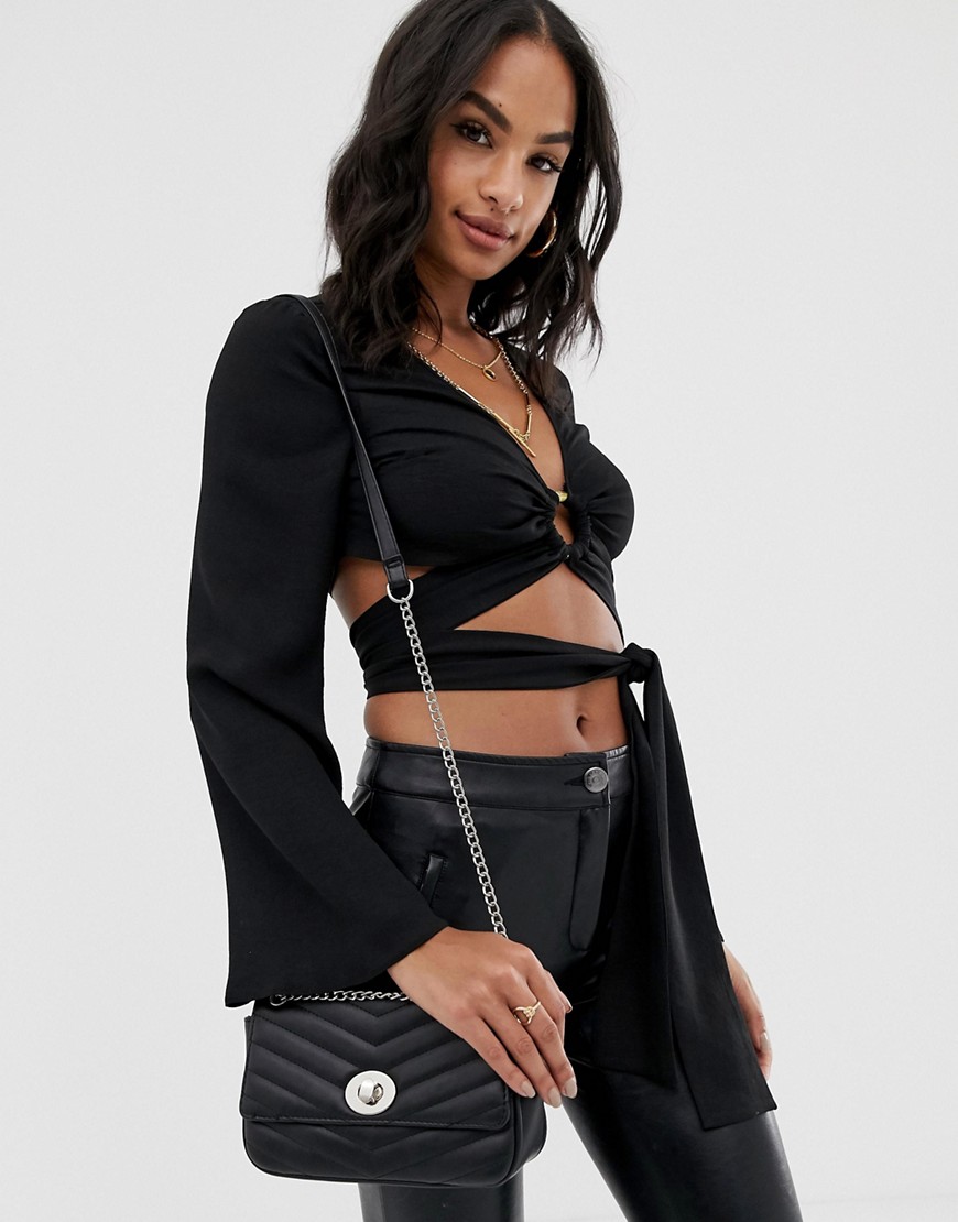 ASOS DESIGN long sleeve plunge top with ring detail and wrap tie-Black