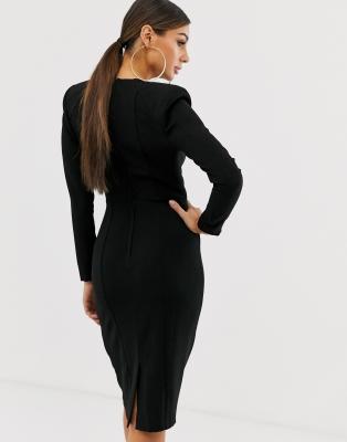 black long sleeve midi wrap dress