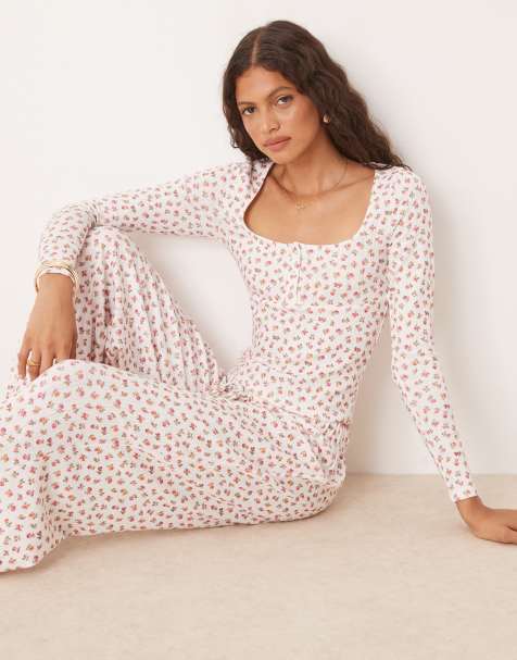 ASOS DESIGN long sleeve pointelle top in ditsy floral - part of a set - view 1