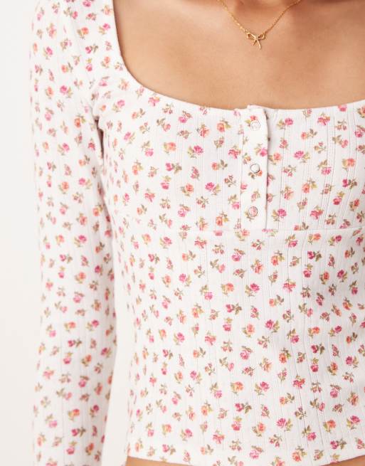 ASOS DESIGN long sleeve pointelle top in ditsy floral (part of a set), 3 of 4