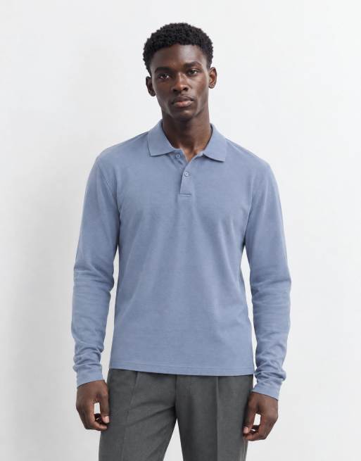 ASOS DESIGN long sleeve polo in blue pique, 7 of 10