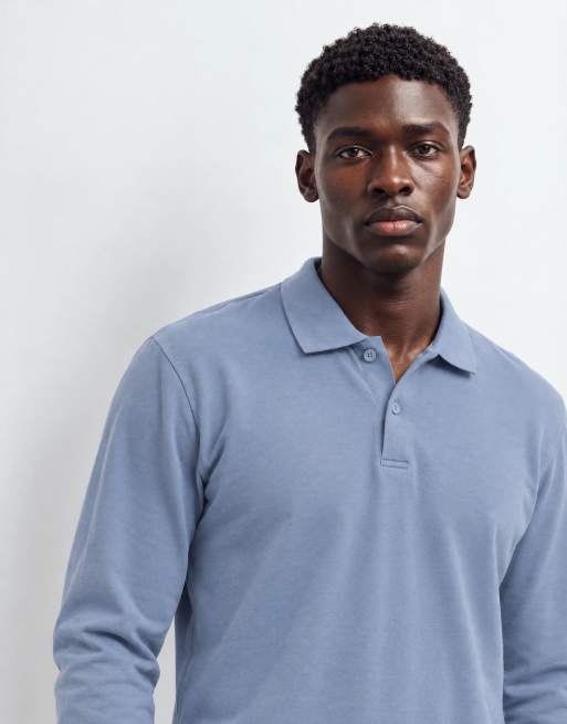 ASOS DESIGN long sleeve polo in blue pique, 8 of 10