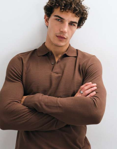 ASOS DESIGN long sleeve polo in brown pique - view 1