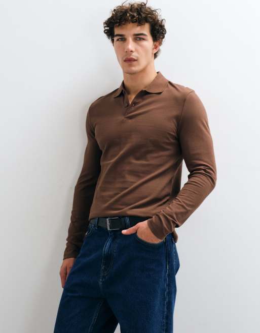 ASOS DESIGN long sleeve polo in brown pique, 2 of 10