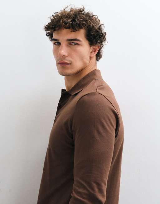 ASOS DESIGN long sleeve polo in brown pique, 5 of 10