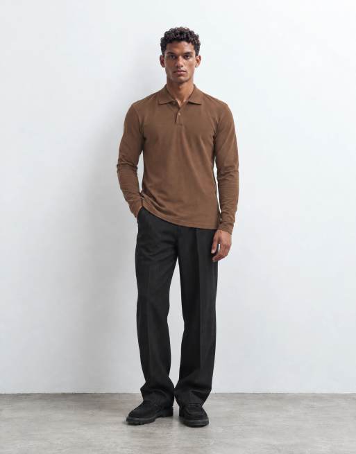 ASOS DESIGN long sleeve polo in brown pique, 8 of 10