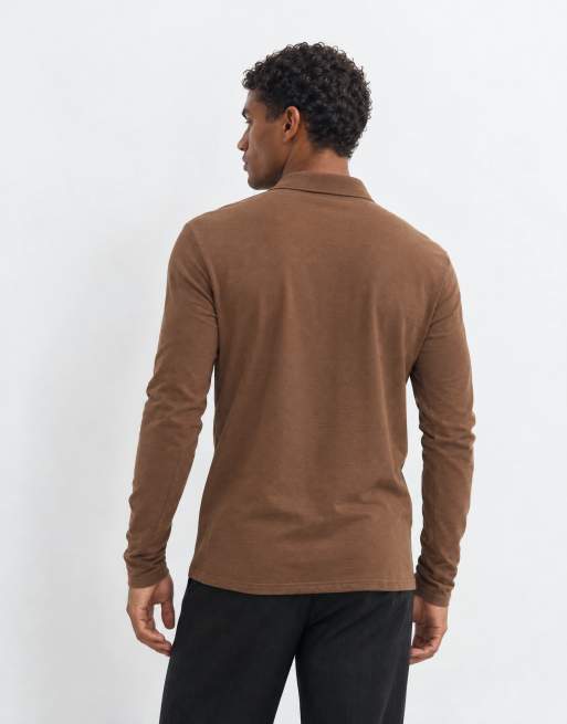ASOS DESIGN long sleeve polo in brown pique, 9 of 10
