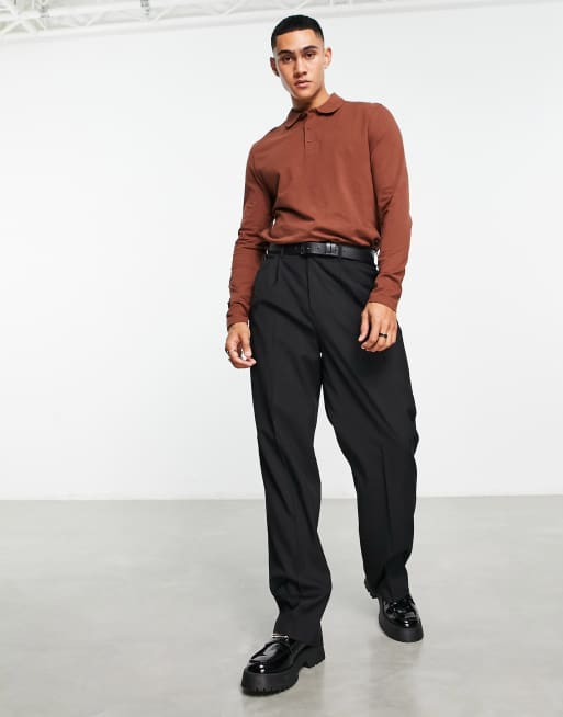 ASOS DESIGN long sleeve polo in dark brown | ASOS