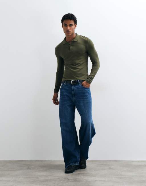 ASOS DESIGN long sleeve polo in dark green pique, 2 of 5