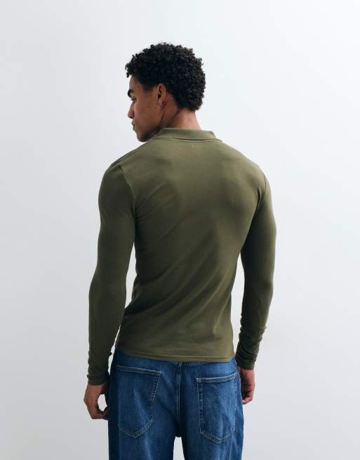 ASOS DESIGN long sleeve polo in dark green pique, 3 of 5