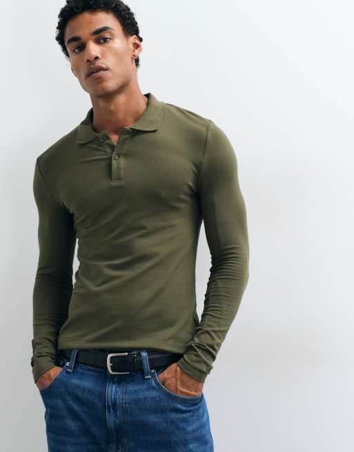 ASOS DESIGN long sleeve polo in dark green pique, 4 of 5
