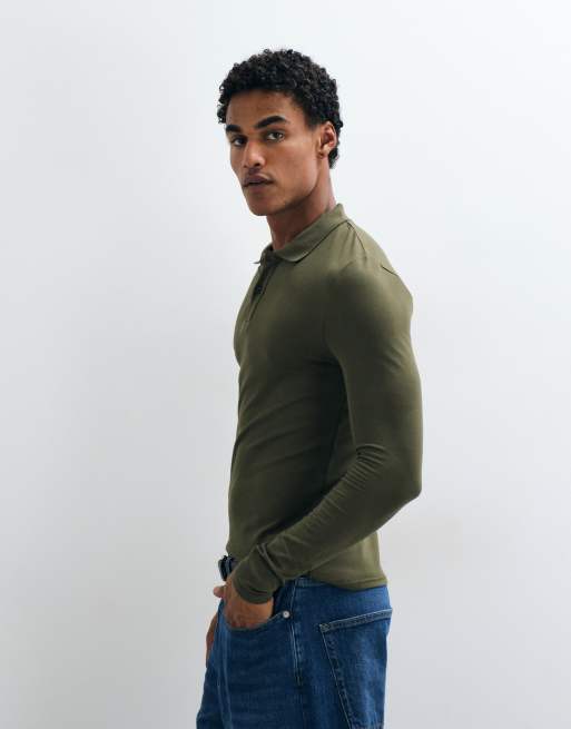 ASOS DESIGN long sleeve polo in dark green pique, 5 of 5