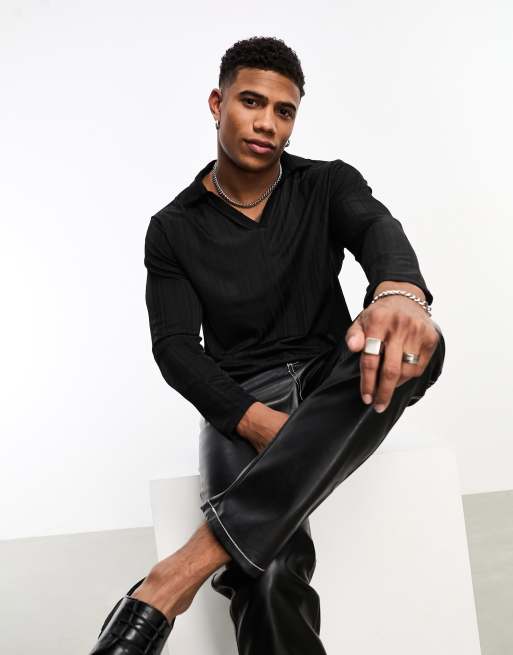 ASOS DESIGN long sleeve polo in sheer rib with deep v neck