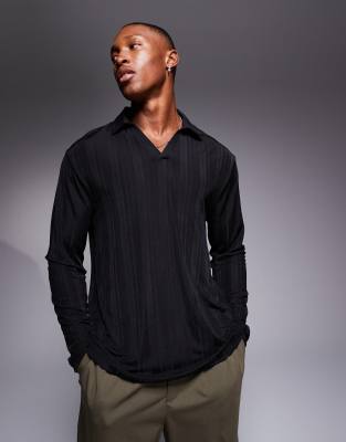 ASOS DESIGN long sleeve polo in sheer rib with deep v neck-Black