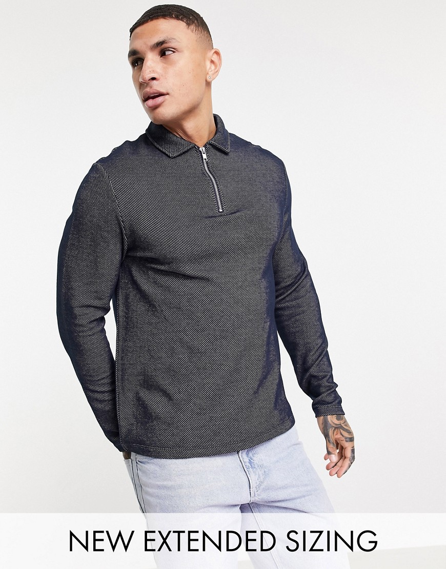 ASOS DESIGN long sleeve polo in twill fabric in navy