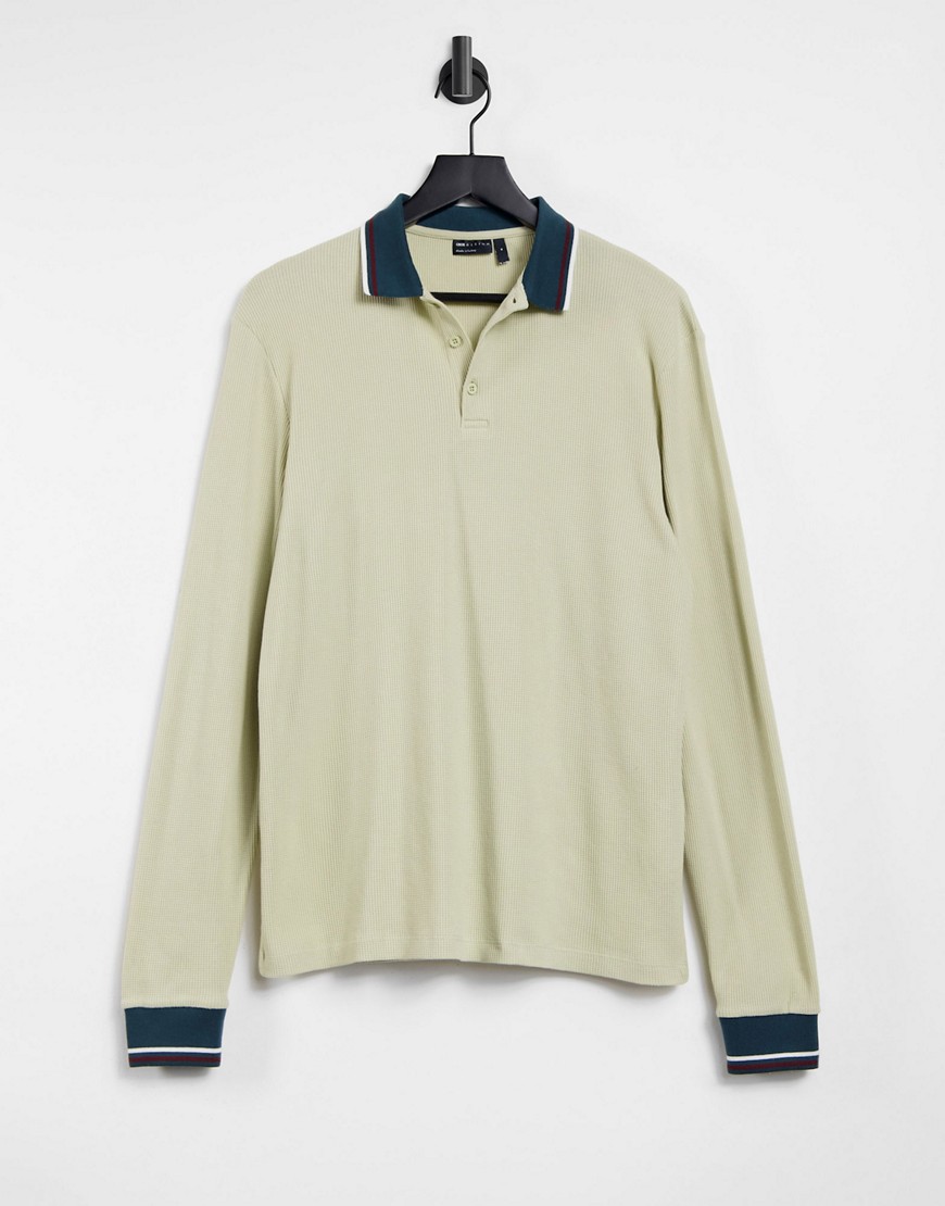 ASOS DESIGN long sleeve polo shirt in beige waffle with tipped neckline-Neutral