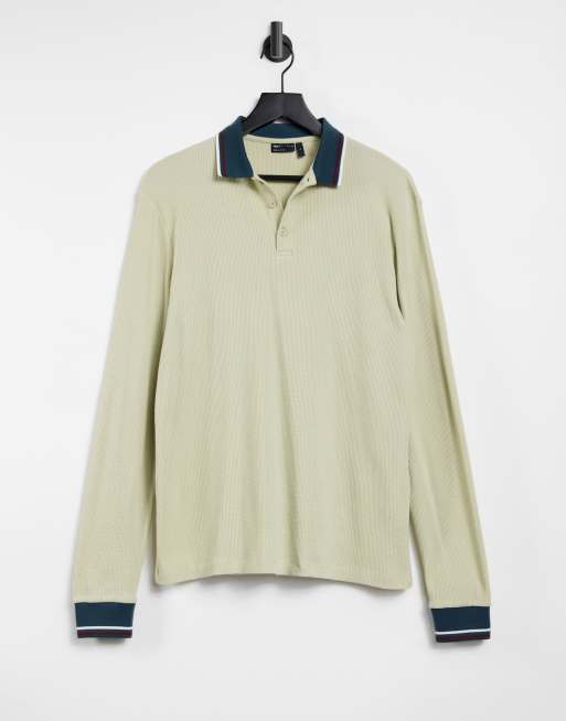 ASOS DESIGN long sleeve polo shirt in beige waffle with tipped neckline