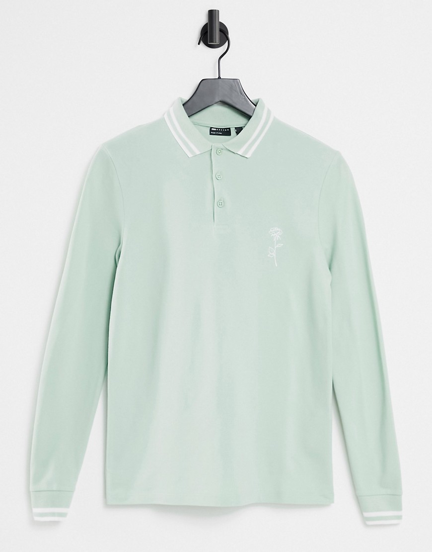 ASOS DESIGN LONG SLEEVE POLO SHIRT IN PASTEL GREEN PIQUE WITH ROSE EMBROIDERY,MARS PIQUE LS
