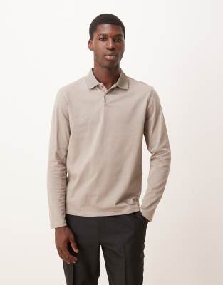 Asos Design Long Sleeve Polo Shirt In Neutral