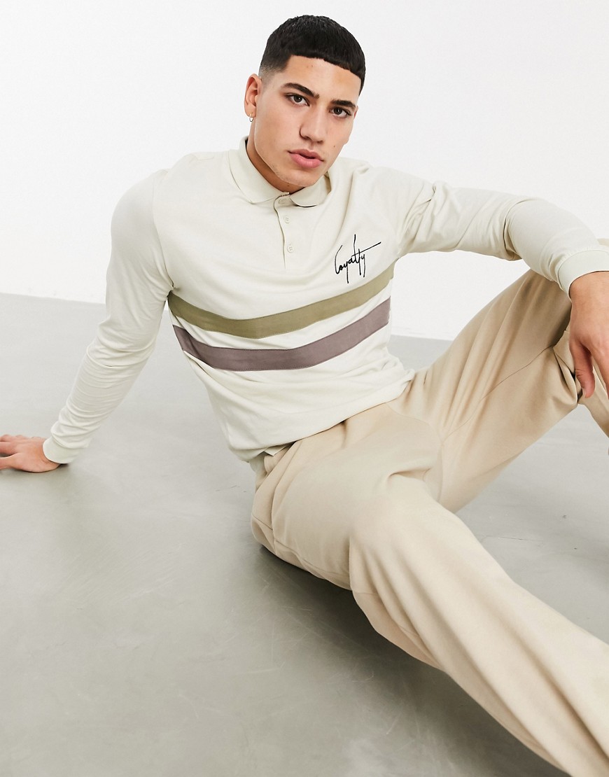ASOS DESIGN long sleeve polo shirt with cut & sew panel & chest embroidery-Beige