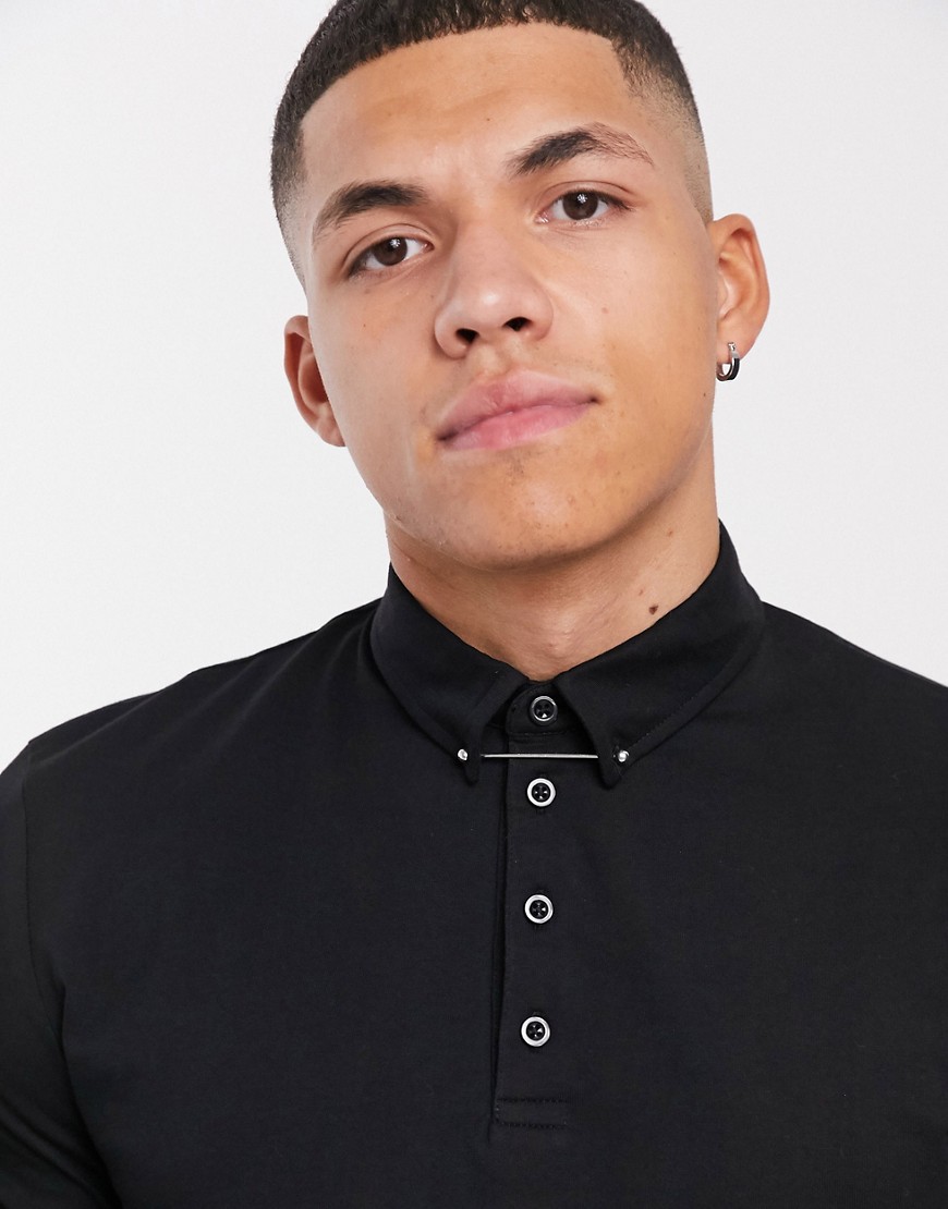 ASOS DESIGN long sleeve polo shirt with tie pin collar in black