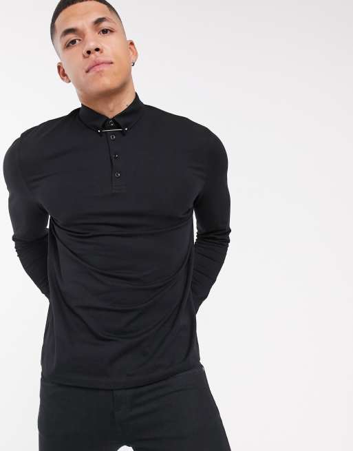 ASOS DESIGN long sleeve polo shirt with tie pin collar in black