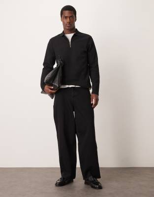 Asos Design Long Sleeve Polo Shirt With Waffle Texture In Black