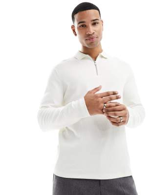 Asos Design Long Sleeved Waffle Polo With Zip In Ecru-white
