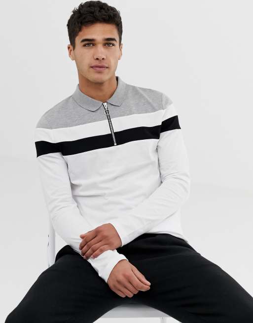 ASOS DESIGN long sleeve polo shirt with zip neck and body and sleeve colour block in white