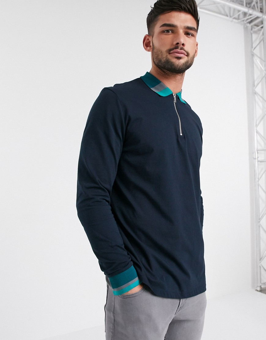 ASOS DESIGN long sleeve polo shirt with zip neck and tipping-Navy