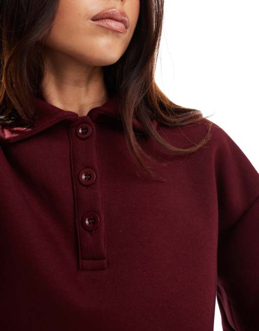 ASOS DESIGN long sleeve polo sweatshirt in burgundy